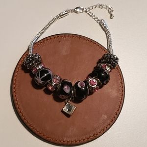 Pink & Black Beaded Silver Bracelet